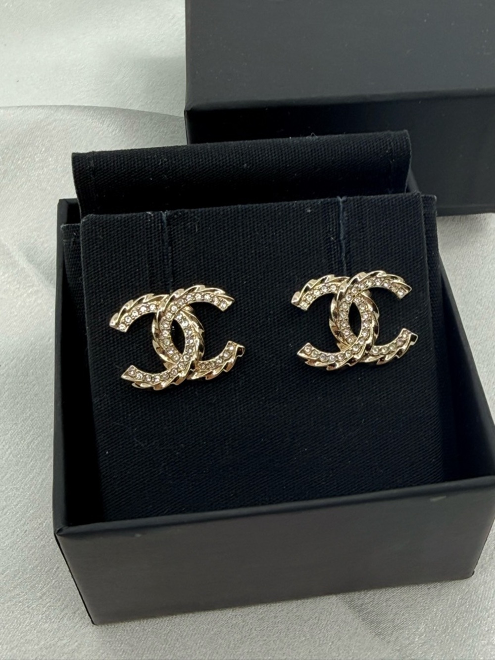 CHANEL Gold Crystal Interlocking CC Stud Earrings